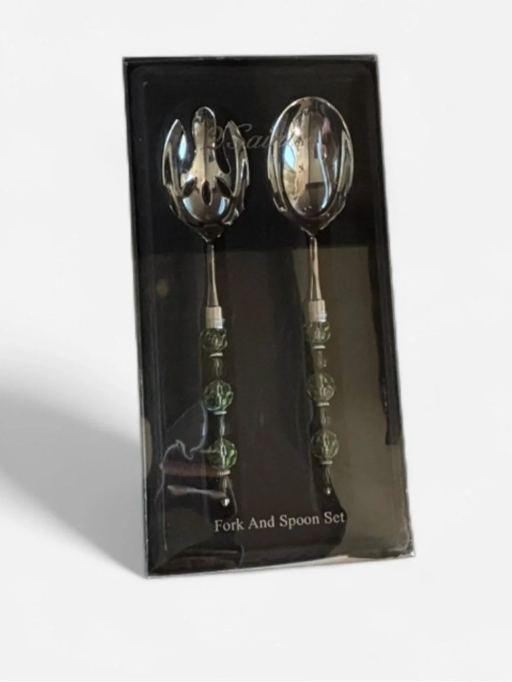 Saints Green Beaded Handle Salad Fork and Spoon Set